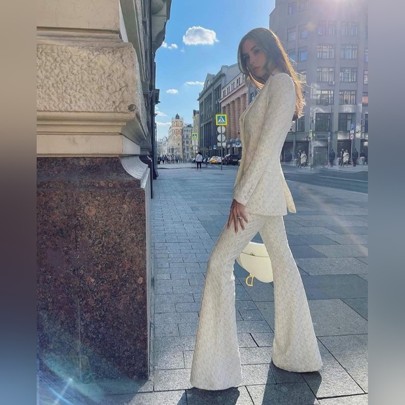 NADINE MERABI MEGHAN White Beige Flare Embroidered Sequin Velvet Trousers Pants - Picture 3 of 16